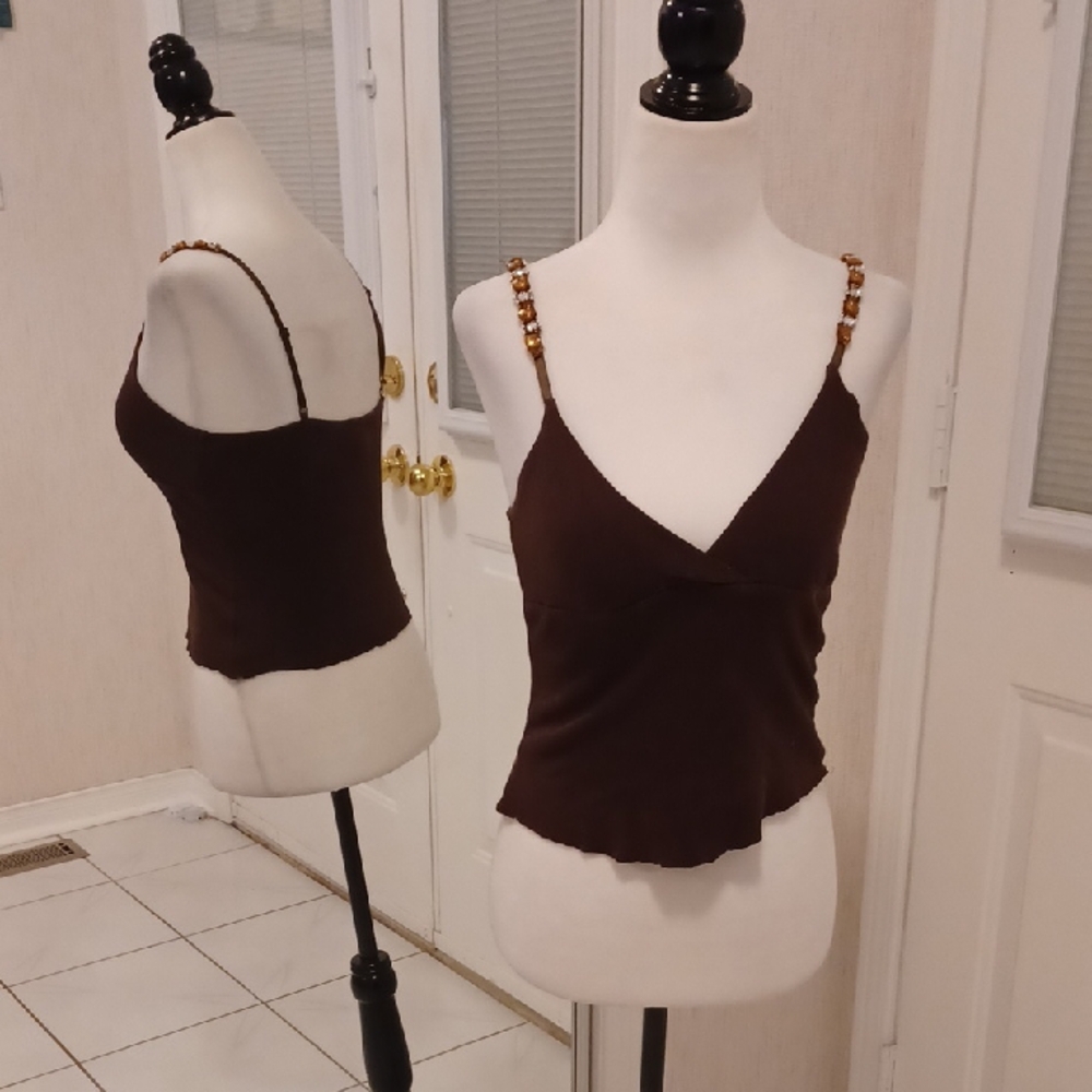 $4 Add-on Brown Cropped Tank Top With Beaded Straps